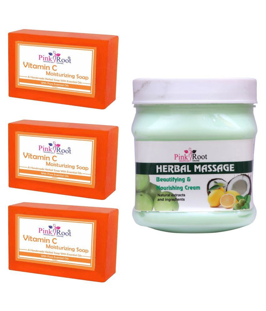 Pink Root Herbal Massage Cream 500ml, 3 Pcs Vitamin C Moisturizing Soap