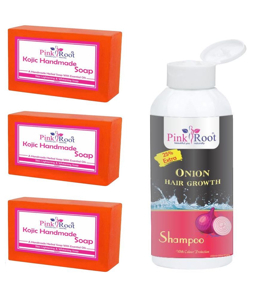 Pink Root Onion Hair Growth Shampoo 200ml with 3 Pcs Kojic Handmade
