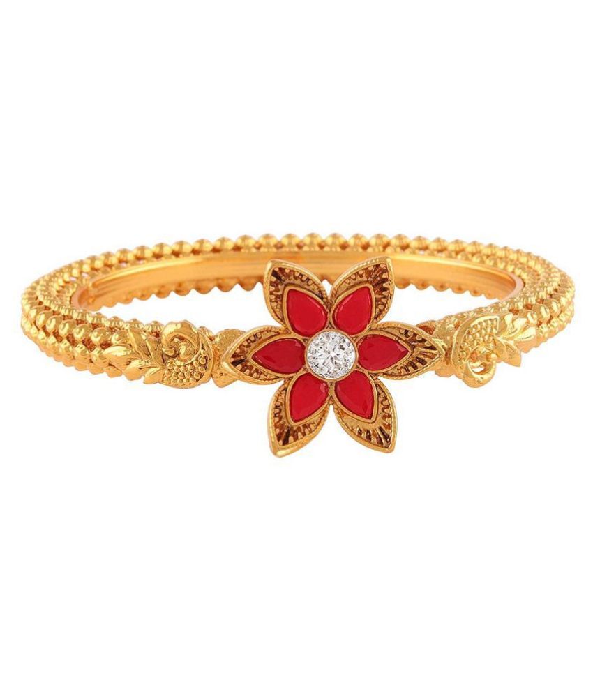     			Traditional Fancy Floral Designer Casual Party Red Stone Diamond Hand Work One Gram Gold Plated Bangle Kada for Women