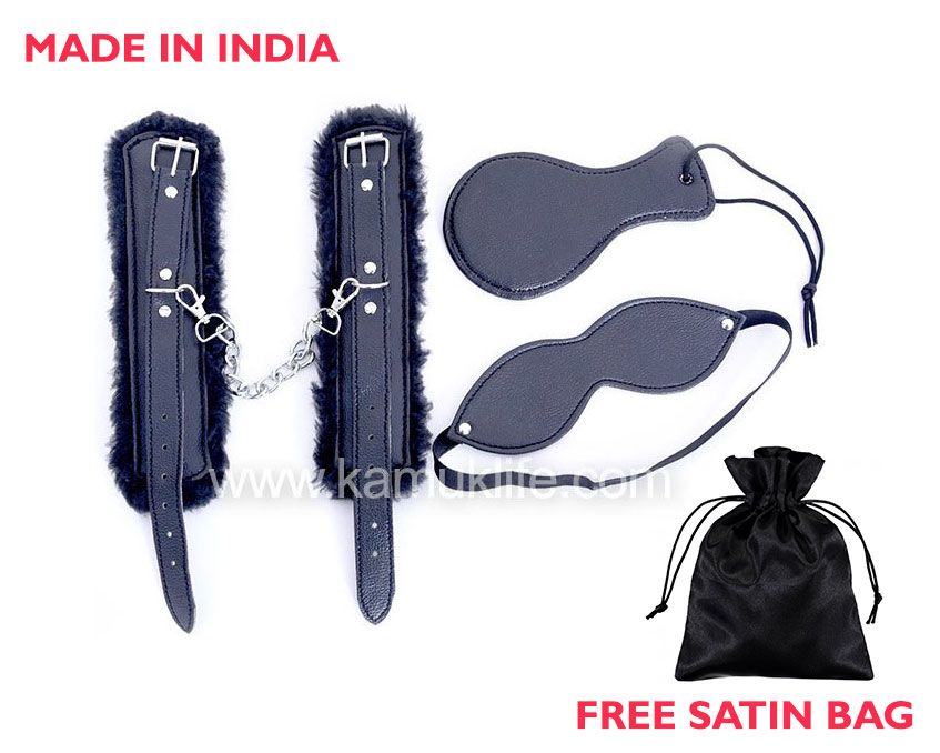     			Kamuk Life Black PU Leather BDSM Bondage Set (Handcuffs,Paddle,Eye mask) 3 pc kit