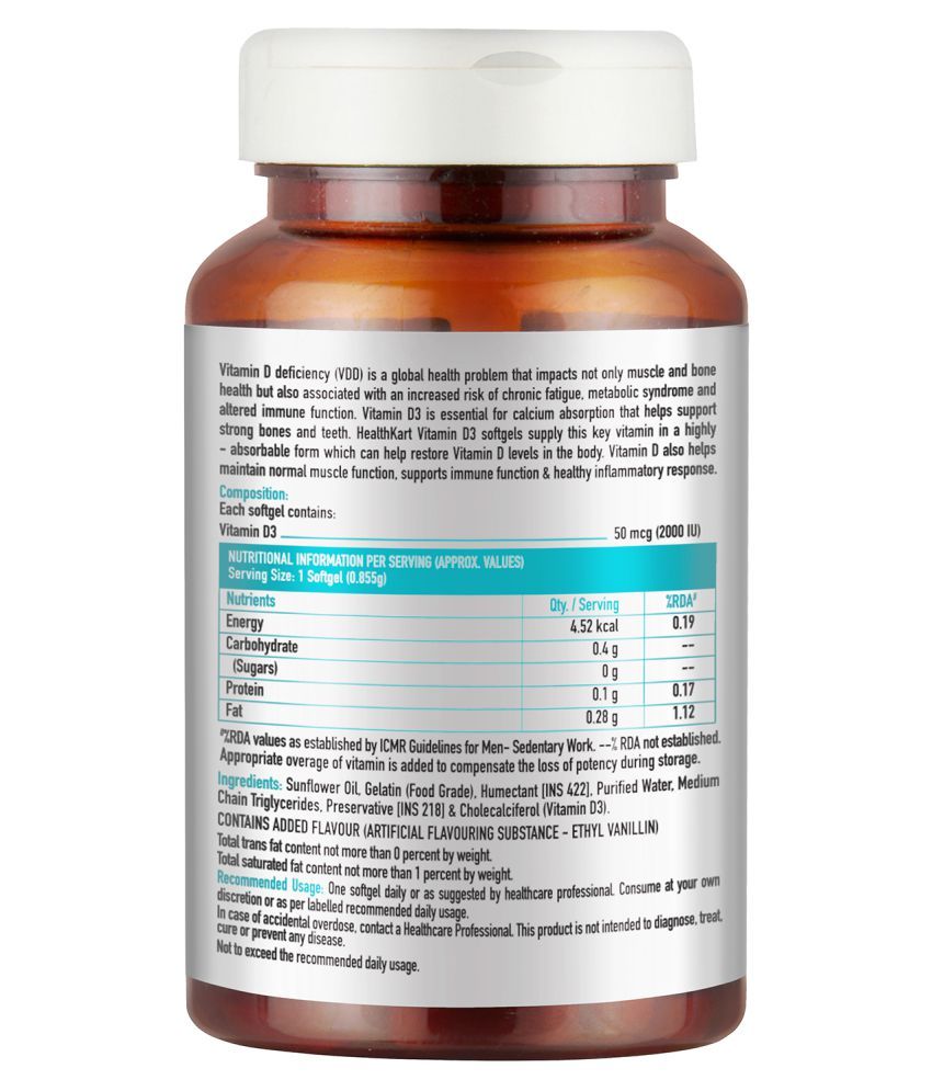 HealthKart Vitamin D3 (2000 IU), 60 N 60 gm Unflavoured Vitamins