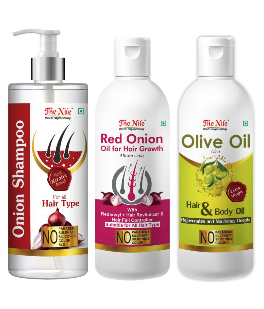     			The Nile Red Onion Shampoo 200 ML + Red Onion Oil 100 ML + Olive 100 ML  Shampoo 400 mL Pack of 3