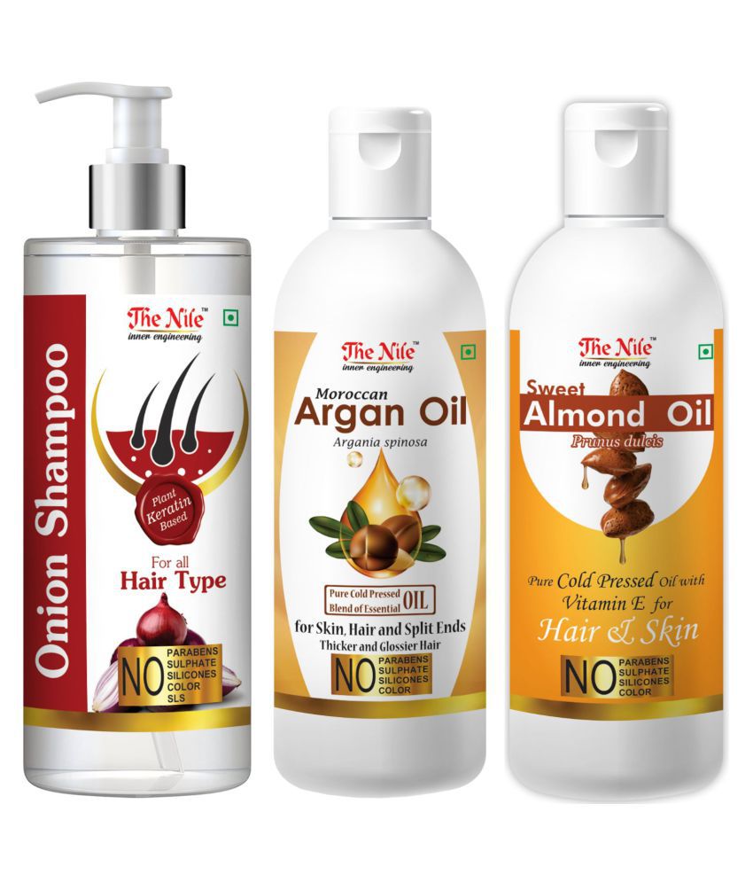     			The Nile Red Onion Shampoo 200 ML + Argan Argan Oil 100 ML + Sweet Almond 100 ML  Shampoo 400 mL Pack of 3