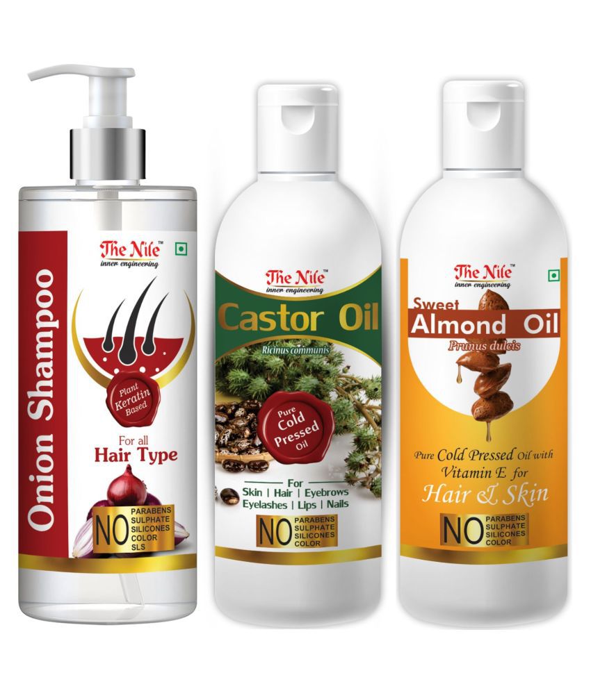     			The Nile Red Onion Shampoo 200 ML + Castor 100 ML + Sweet Almond 100 ML  Shampoo 400 mL Pack of 3