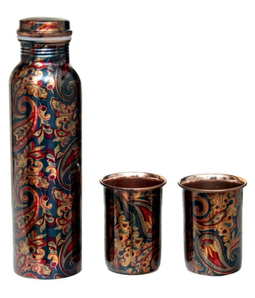     			AQUIRIOS 1000ML Printing Copper Water Bottle with 2 Glass Multicolour 1000 mL Copper Water Bottle set of 1