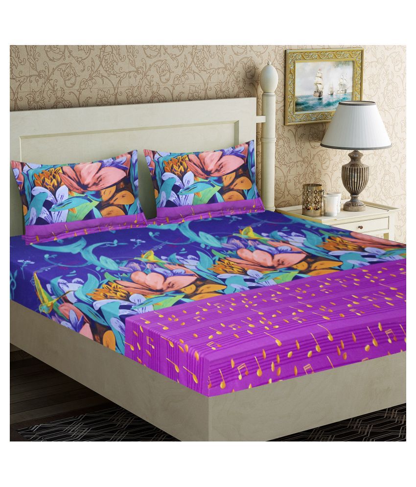     			Home Candy Microfiber Floral Double Bedsheet with 2 Pillow Covers- Purple