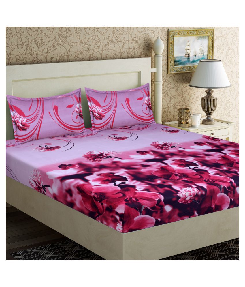     			HOMETALES Microfiber Floral Double Bedsheet with Two Pillow Covers - Pink