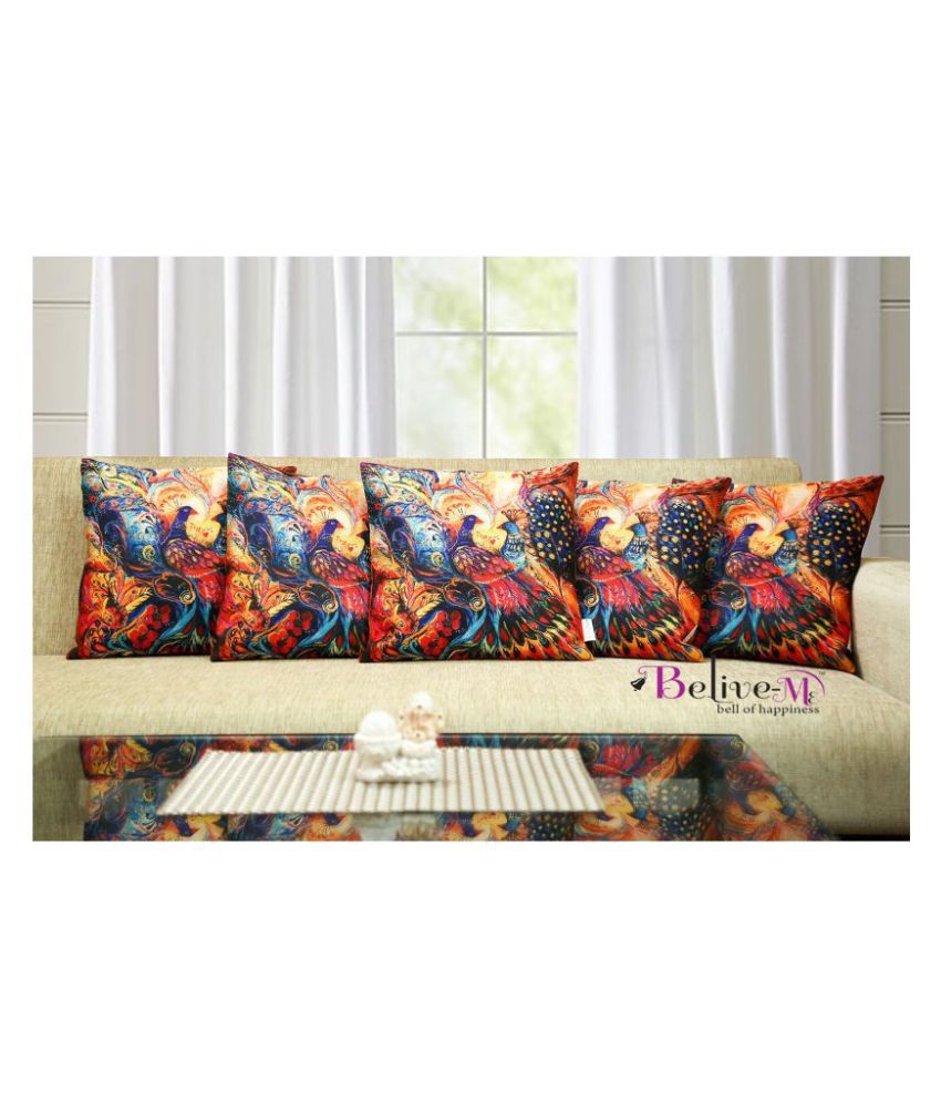     			Belive-Me Set of 5 Jute Print Cushion Covers Peacock Ethnic Themed 40X40 cm (16X16 inch)