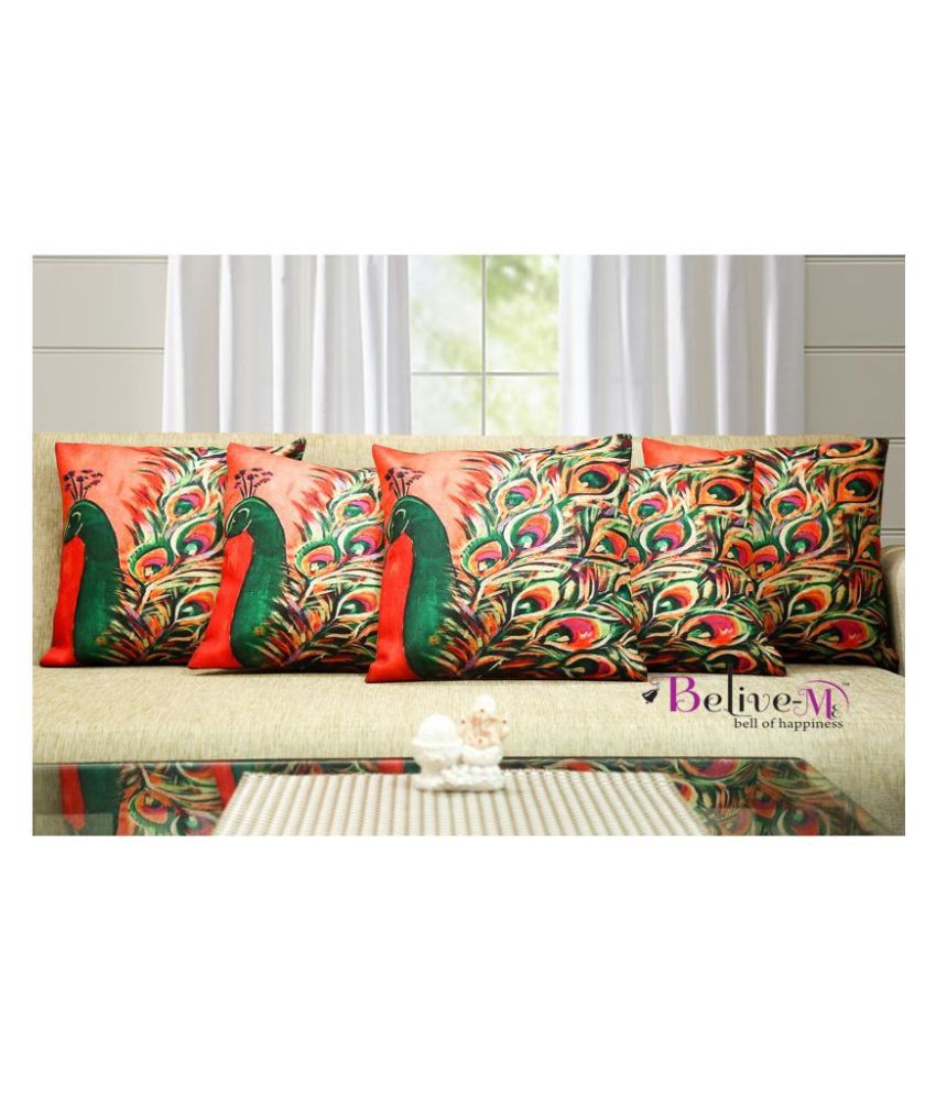     			Belive-Me Set of 5 Jute Print Cushion Covers Peacock Themed 40X40 cm (16X16 inch)