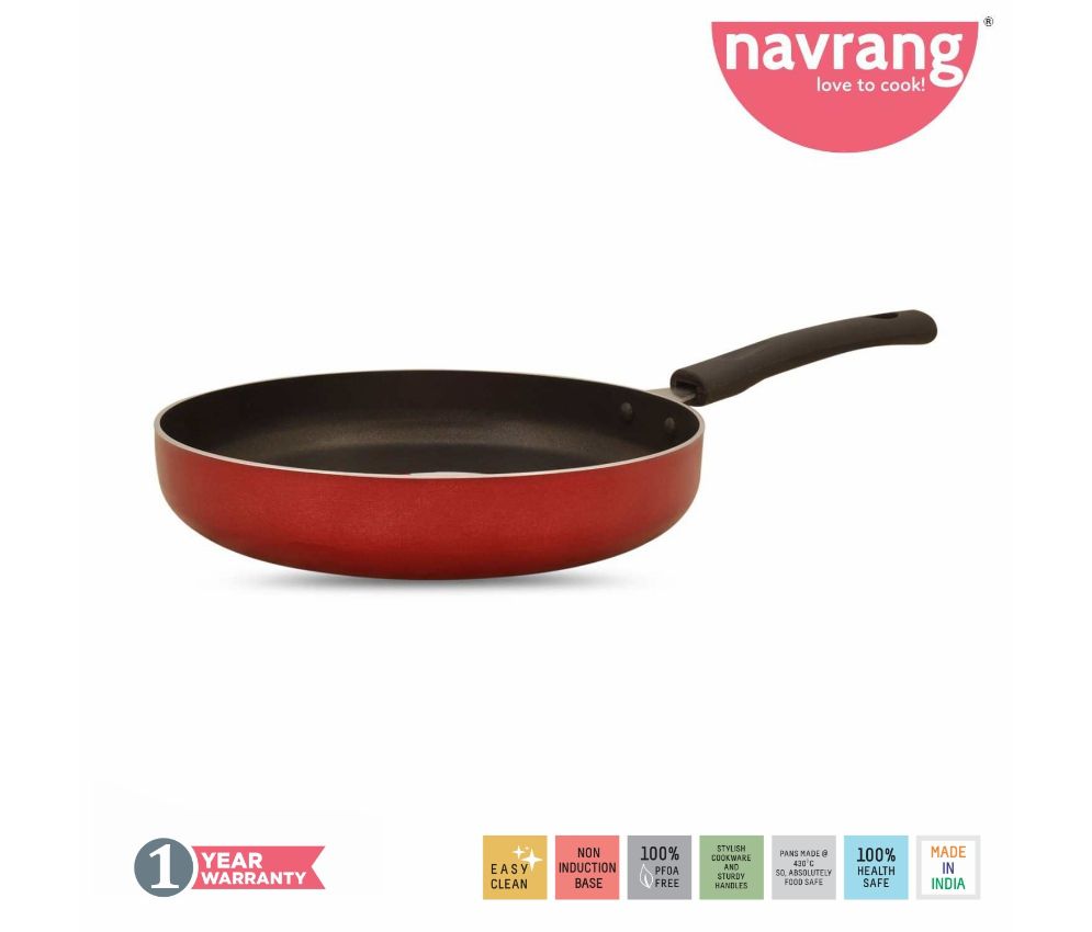     			Navrang Non Stick Aluminium Straight Fry Pan With Ss Lid ,230mm,Red -Non Induction 