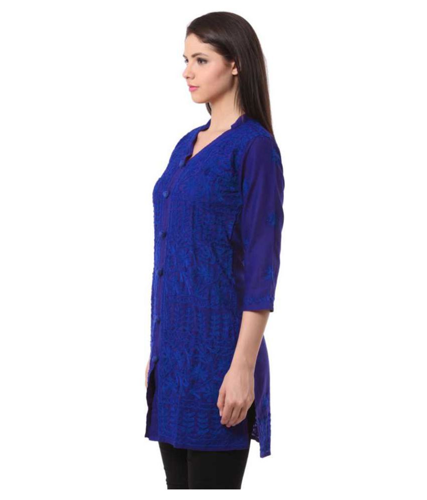 Lucknowi chikankari Kurti Blue Cotton Aline Kurti Buy Lucknowi chikankari Kurti Blue Cotton A