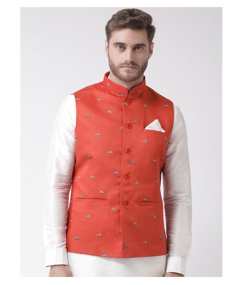     			Deyann Red Linen Nehru Jacket