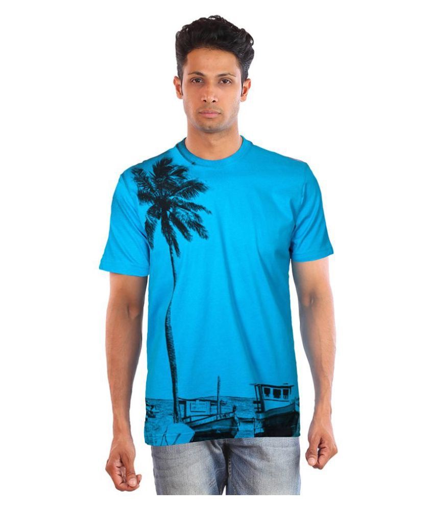     			Huetrap Cotton Blue Printed T-Shirt