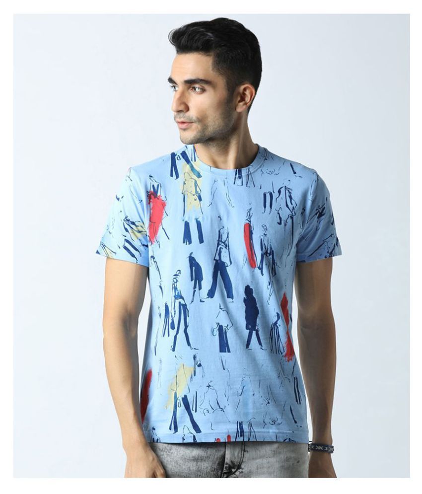     			Huetrap Cotton Blue Printed T-Shirt