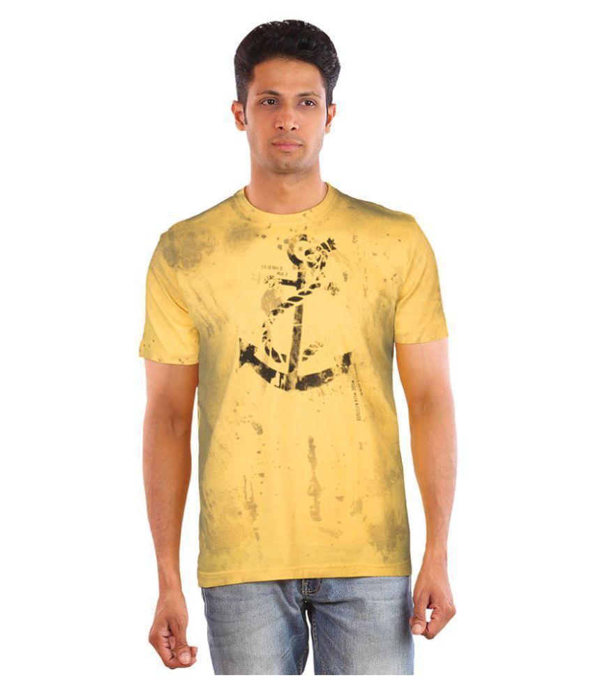     			Huetrap Cotton Yellow Printed T-Shirt