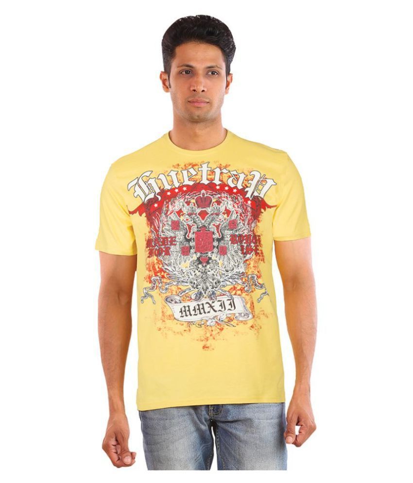     			Huetrap Cotton Yellow Printed T-Shirt