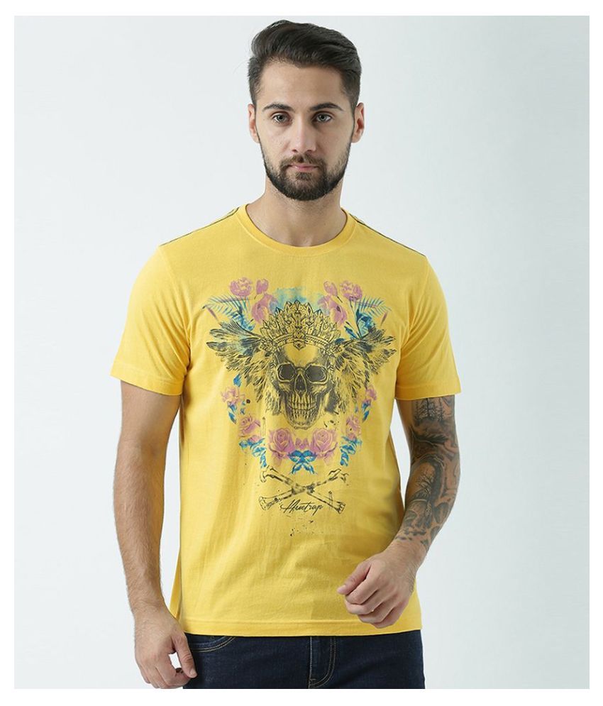     			Huetrap Cotton Yellow Printed T-Shirt