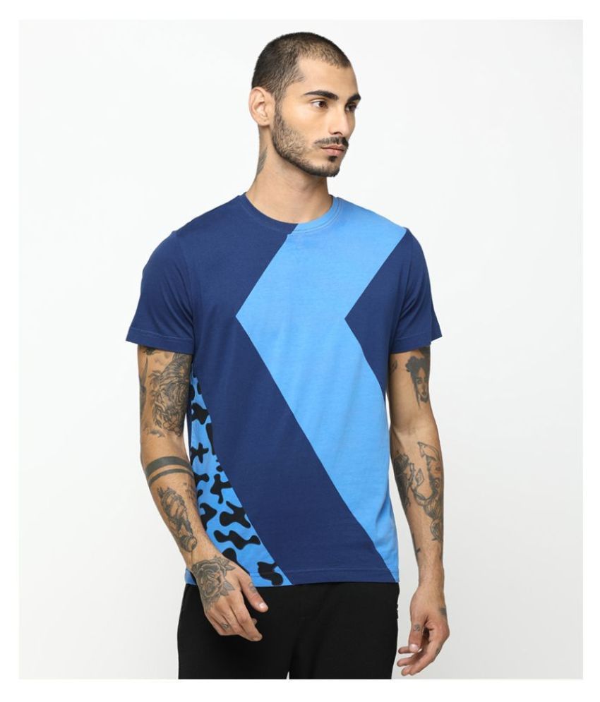     			Huetrap Cotton Blend Blue Printed T-Shirt