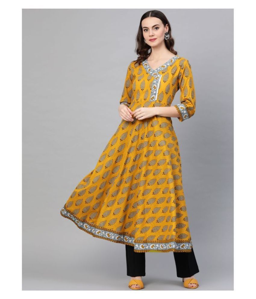     			Yash Gallery - Yellow Cotton Women's Flared Kurti ( Pack of 1 )