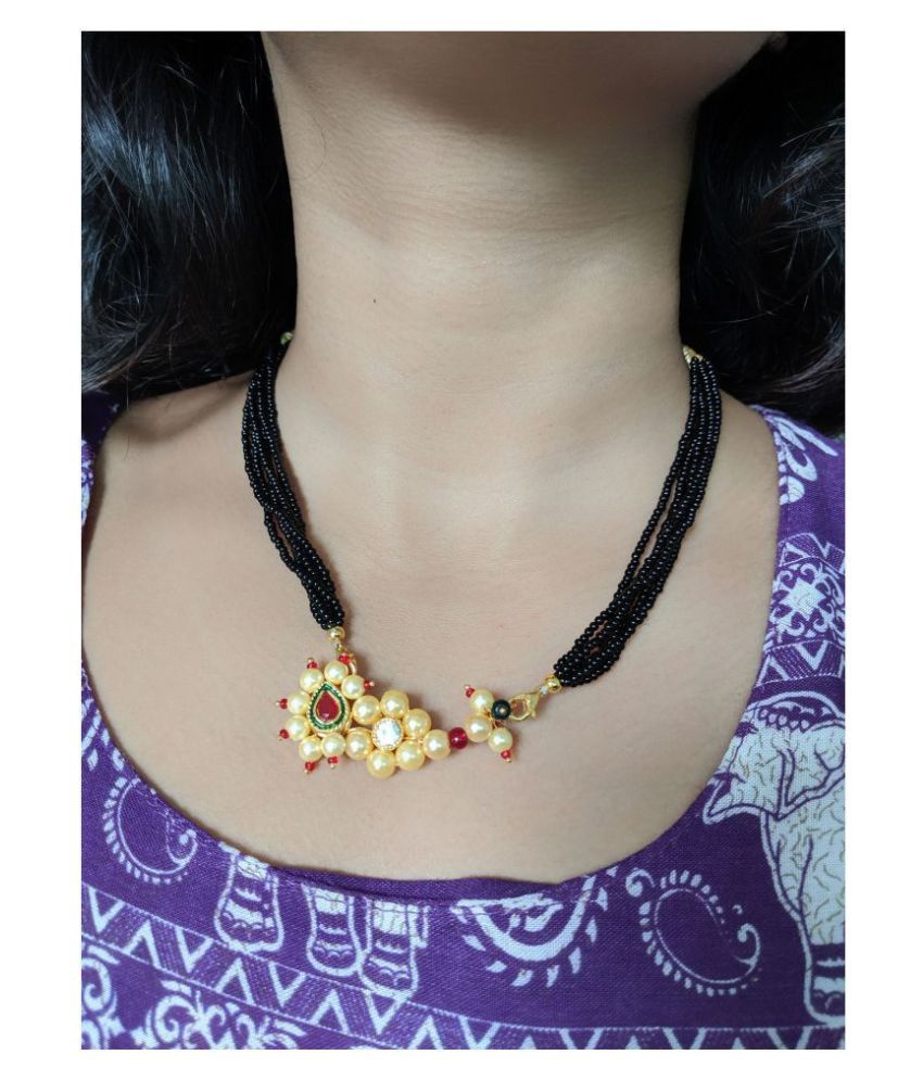     			Women's Maharashtrian Jewellery Traditional Gold Plated Mangalsutra 12-Inches Length Bridal Nath Pearl Banu Pendant Meenakari Work Black Beads 6 Line Layer Adjustable Necklace for Girls