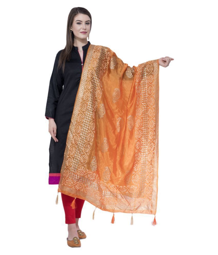     			A R Silk Orange Silk Block printed Dupatta