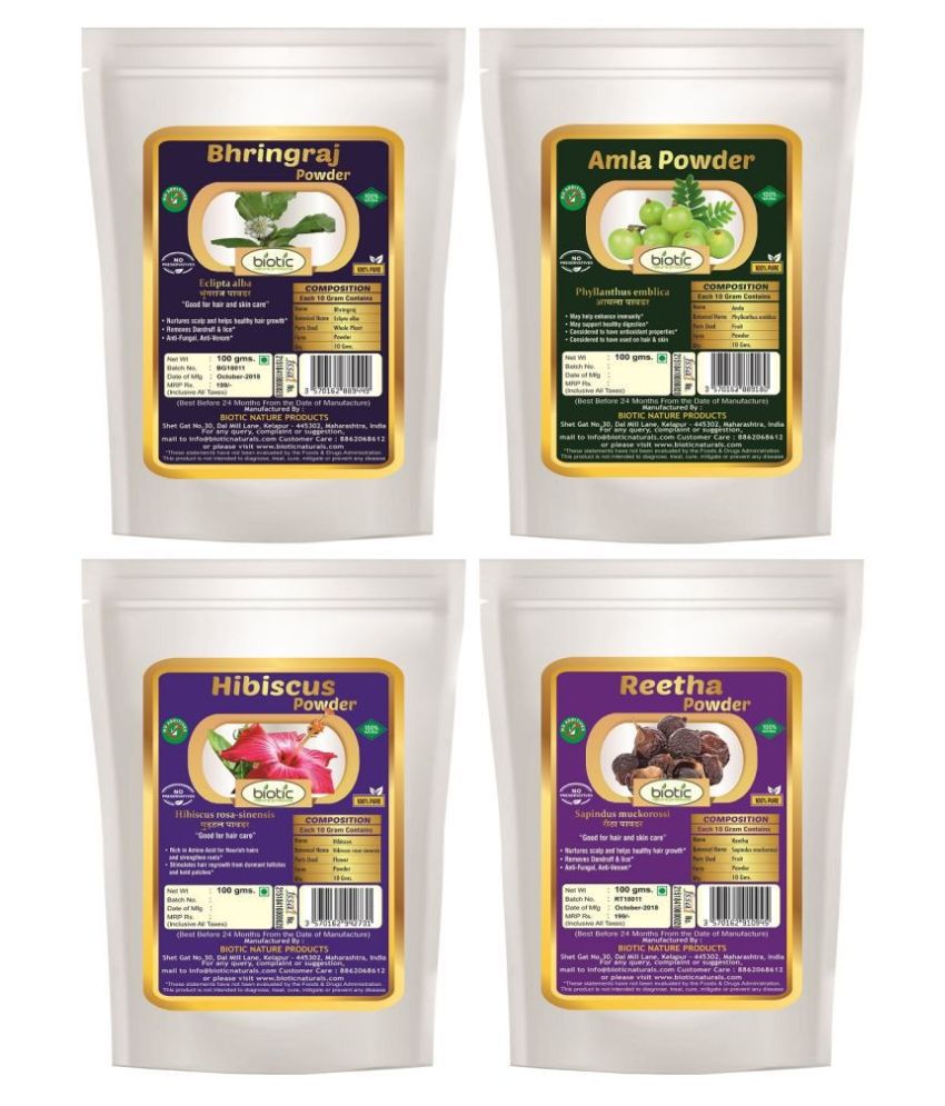     			Biotic Bhringraj, Hibiscus, Reetha and Amla Powder (100 gms Each) Hair Mask 400 g Pack of 4
