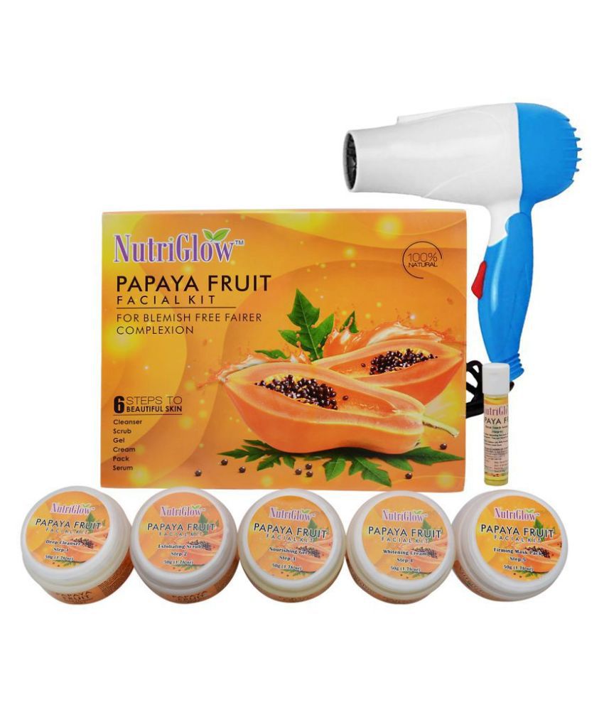     			NutriGlow Papaya Facial Cleanup Kit for Women for Glowing Skin 6-Pieces Skin Care Set 250gm+10ml with Free Hair Dryer