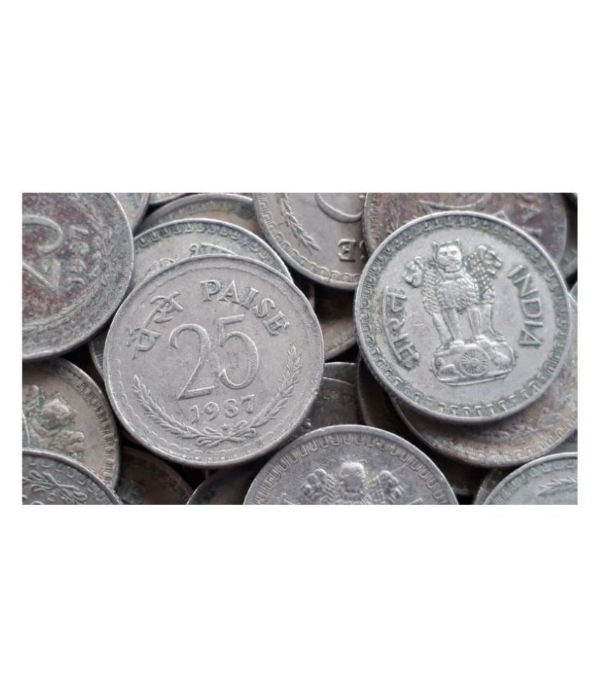     			100 Coins LOT - 25 P - CIRCULATED Condition - Copper Nickel Mixed Years - India 1972 1973 1974 1975 1976 1977 1978 1979 1980 1981 1984 1985 1986 1987 1988