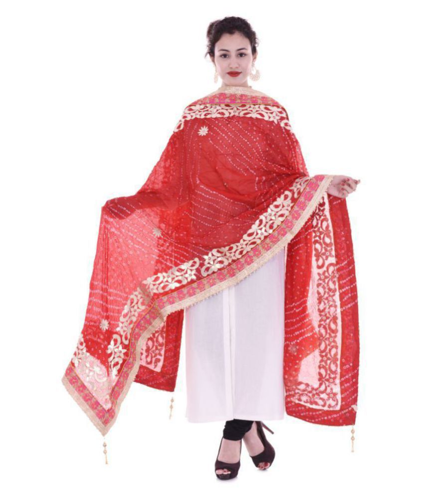     			Indian Handicraft Red Art Silk Bandhej Dupatta