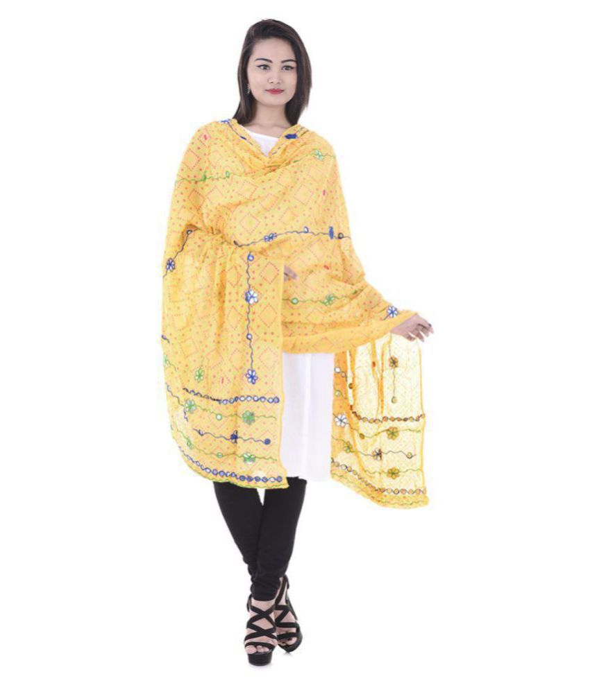     			Raj Yellow Cotton Aari Embroidered Dupatta