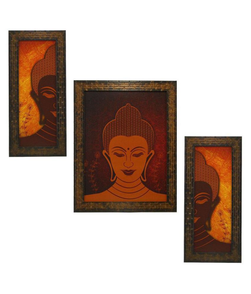     			Indianara Buddha Face Set of 3 Synthetic Painting With Frame