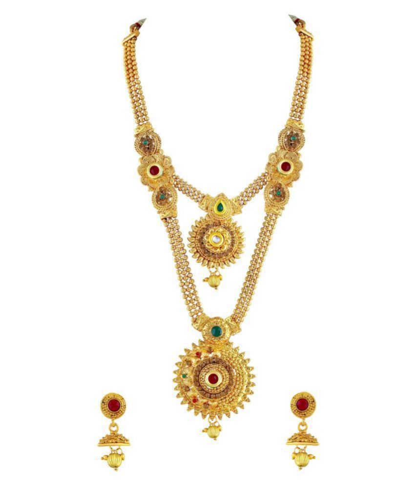     			Asmitta Jewellery Zinc Maroon Long Haram Traditional Gold Plated Necklaces Set