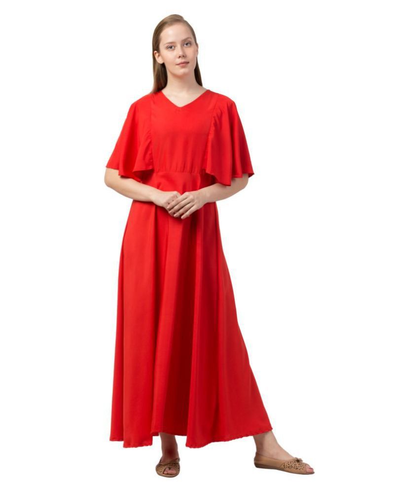 Triraj Poly Crepe Red A- line Dress