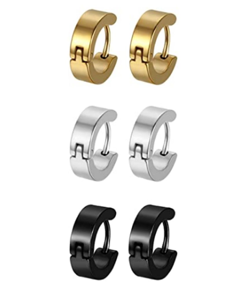     			PS CREATIONS 3 PAIR Men's Womens Stainless Steel Hinged Hoop Earrings Huggie Ear Hoops for Men Women Boys Girls