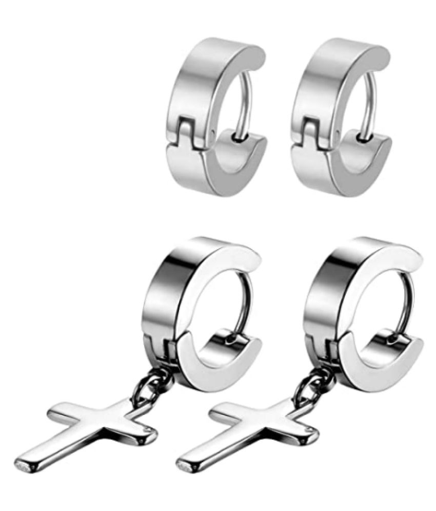     			PS CREATIONS Hoop Earrings, Flongo Mens Women's 4PCS Stainless Steel Cross Dangle Huggie Hinged Hoop Earrings Set for Christmas Wedding Valentine New Year Gift(Silver)