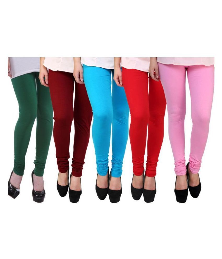     			FnMe Cotton Lycra Pink, Red, Blue, Maroon & Green Pack of 5 Leggings