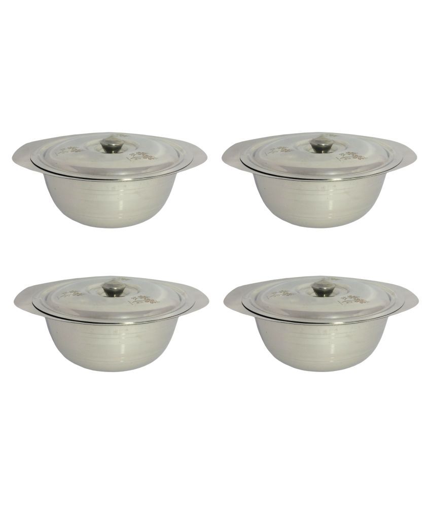 A&H Set of 4 Pc Laser Design Serving Bowls With Lid ( Dongas )  - Stainless Steel