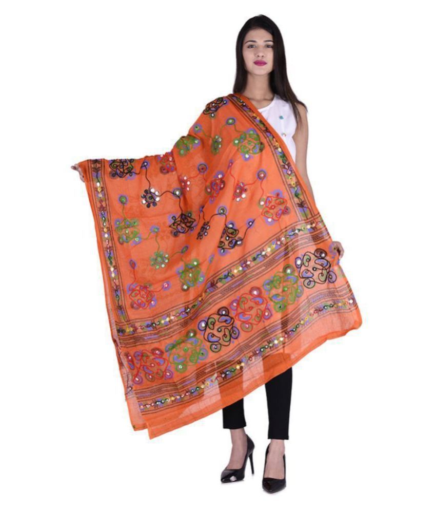     			Apratim Orange Cotton Kutch Embroidered Dupatta