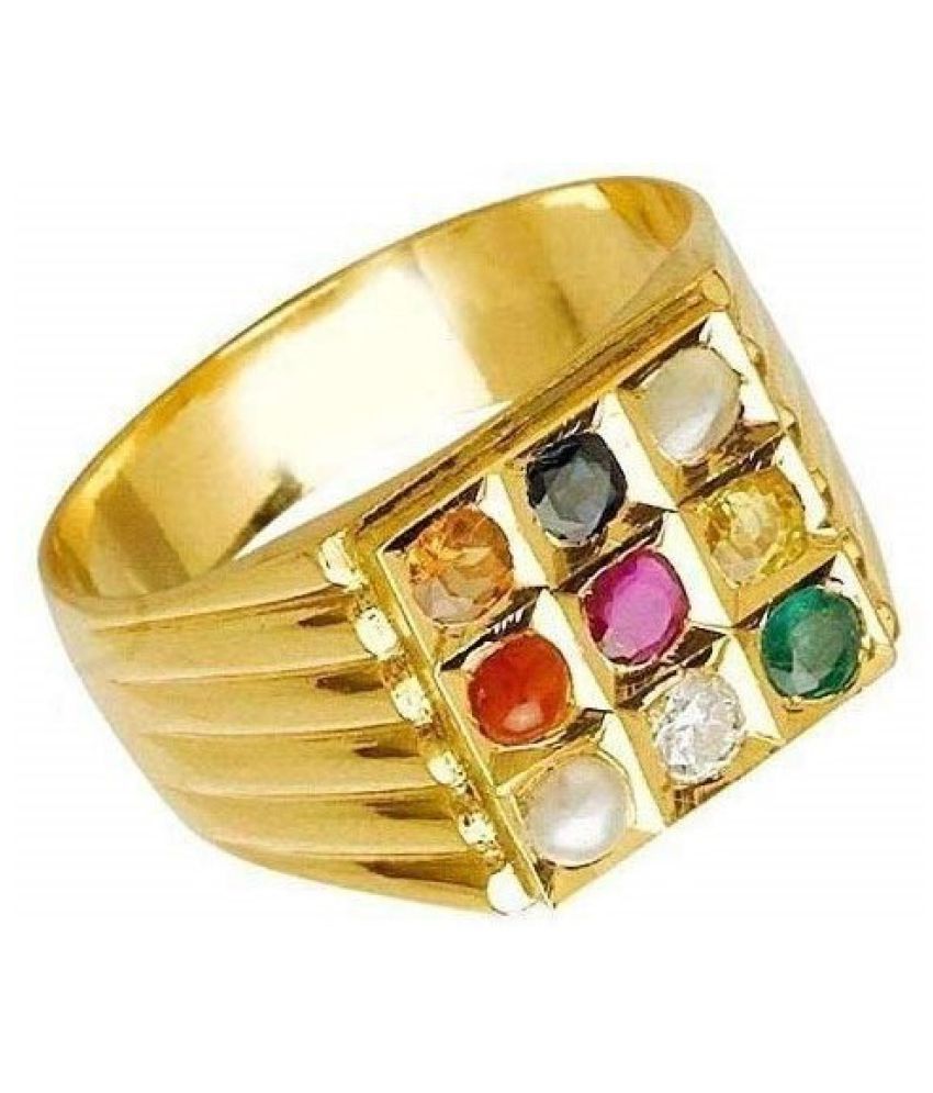 Navaratna (9 Stones) Panchdhatu Gold Plated Ring with Certificate for
