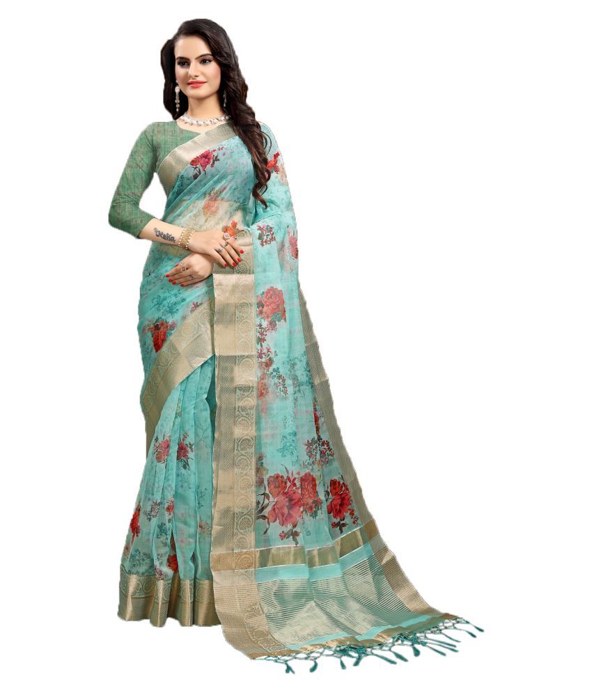 powder blue bead embroidered organza saree