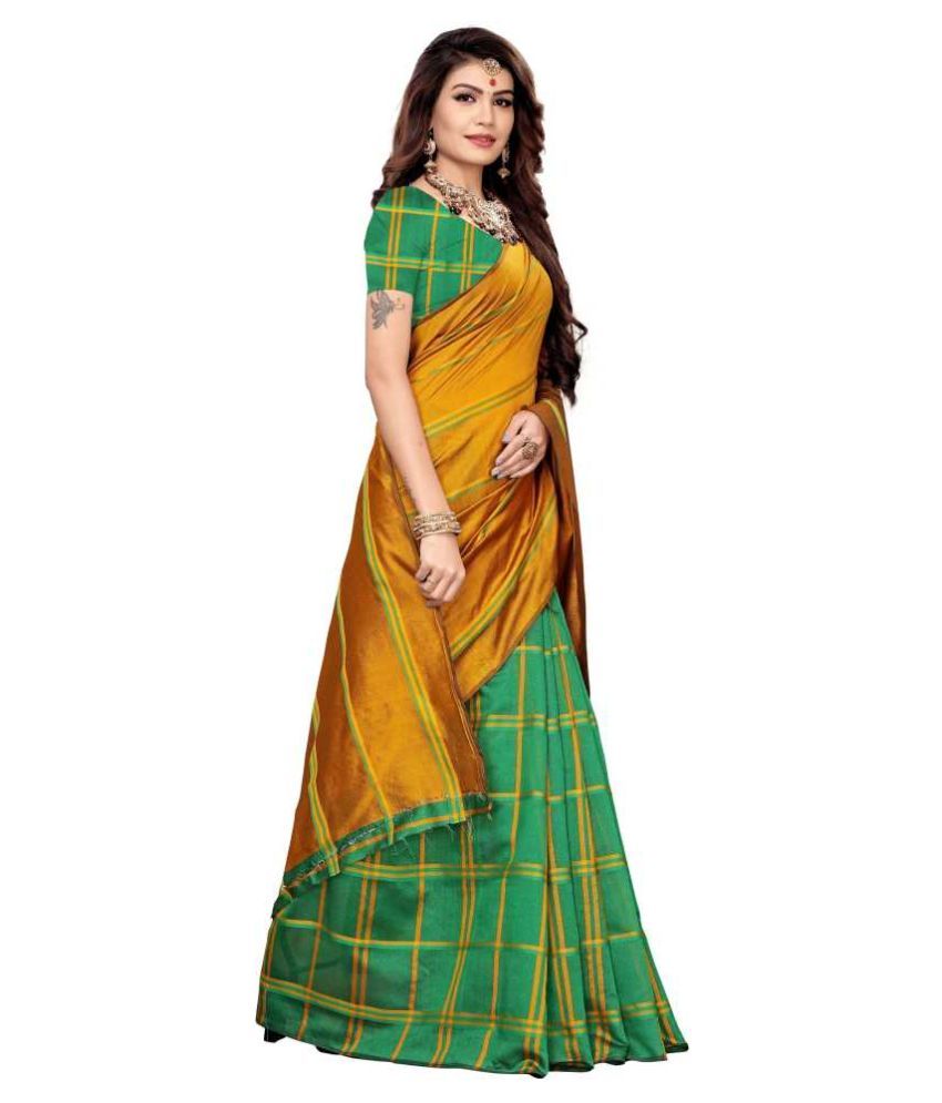 FABTHREADS Green,Yellow Cotton Saree - Buy FABTHREADS Green,Yellow Cotton Saree Online at Low 