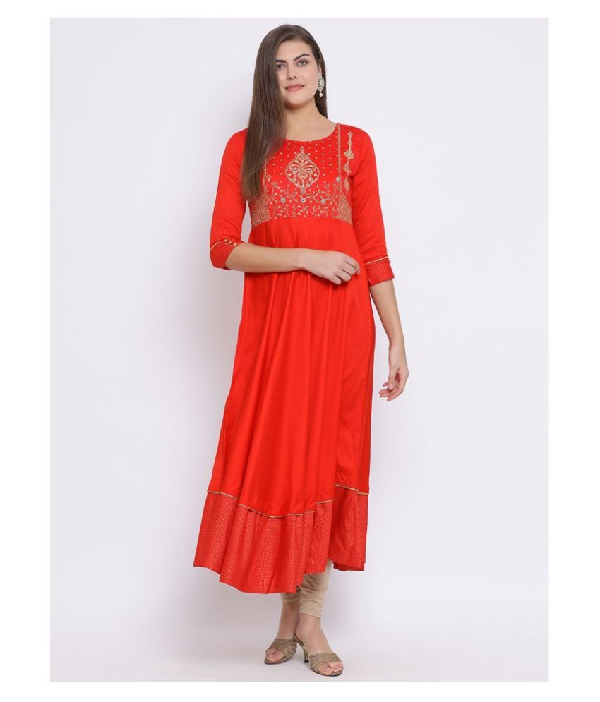 Span Red Cotton Silk Anarkali Kurti - Buy Span Red Cotton Silk Anarkali Kurti Online at Best 