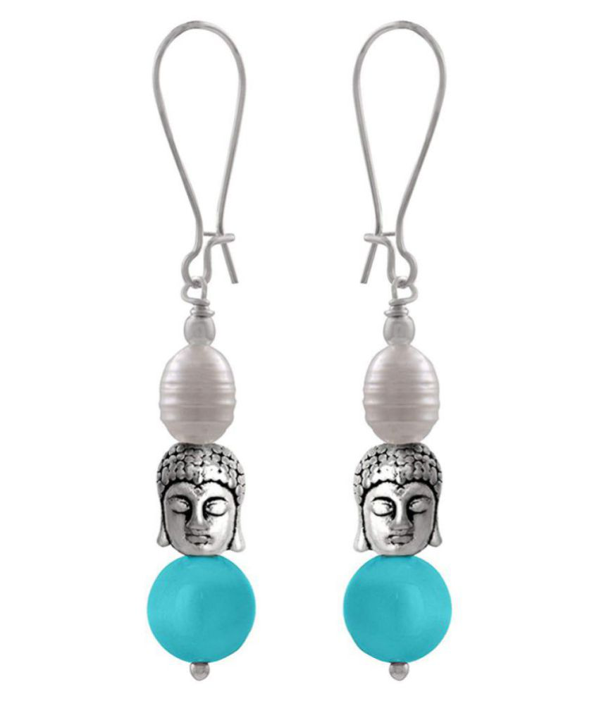    			JFL - German Silver Plated Oxidised Buddha, Semi Precious Pearl and Green Agate Bead Designer Earring for Girls and Women