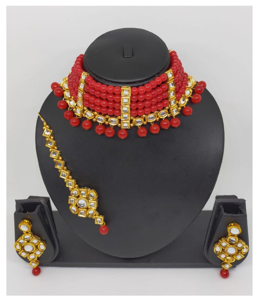 Enroute360 Pearls Red Choker Traditional Gold Plated Necklaces Set