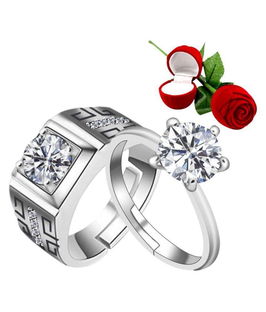     			SILVERSHINE, silver plated gorgeous adjustable round crystal diamond couple ring for men and women.