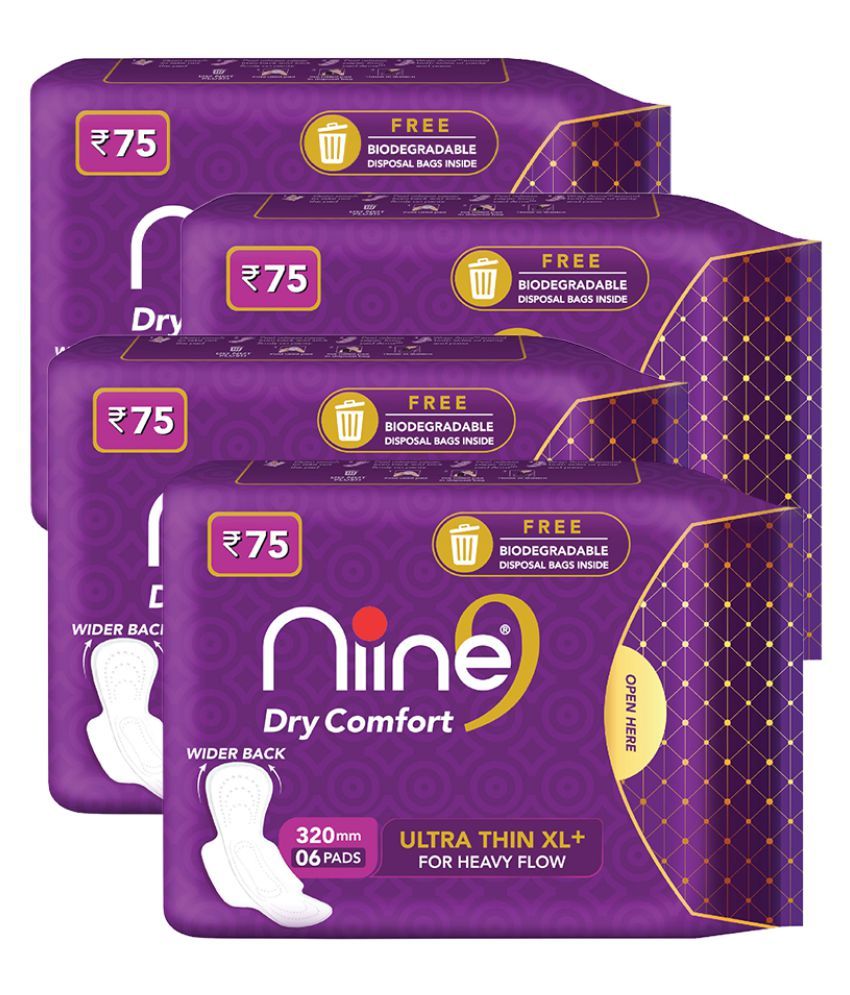     			Niine Dry Comfort Ultra Thin XL+ Sanitary Napkins for Heavy Flow (Pack of 4) 24 Pads with Free Biodegradable disposable bags