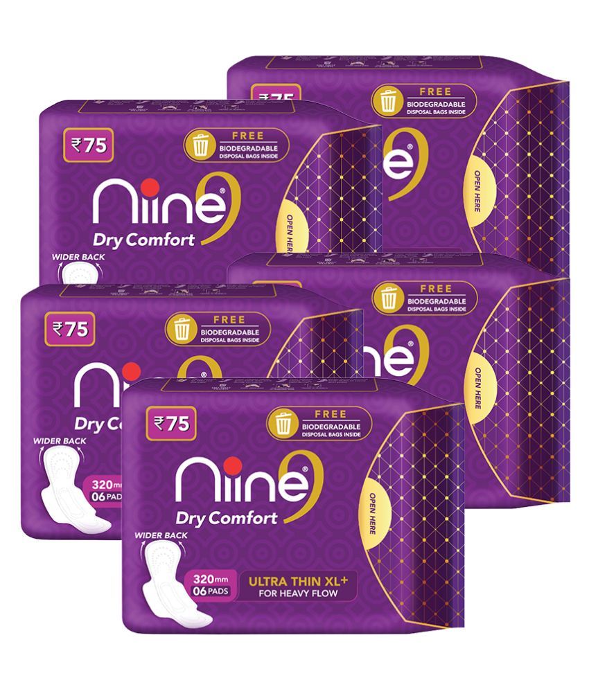     			Niine Dry Comfort Ultra Thin XL+ Sanitary Napkins for Heavy Flow (Pack of 5) 30 Pads with Free Biodegradable disposable bags