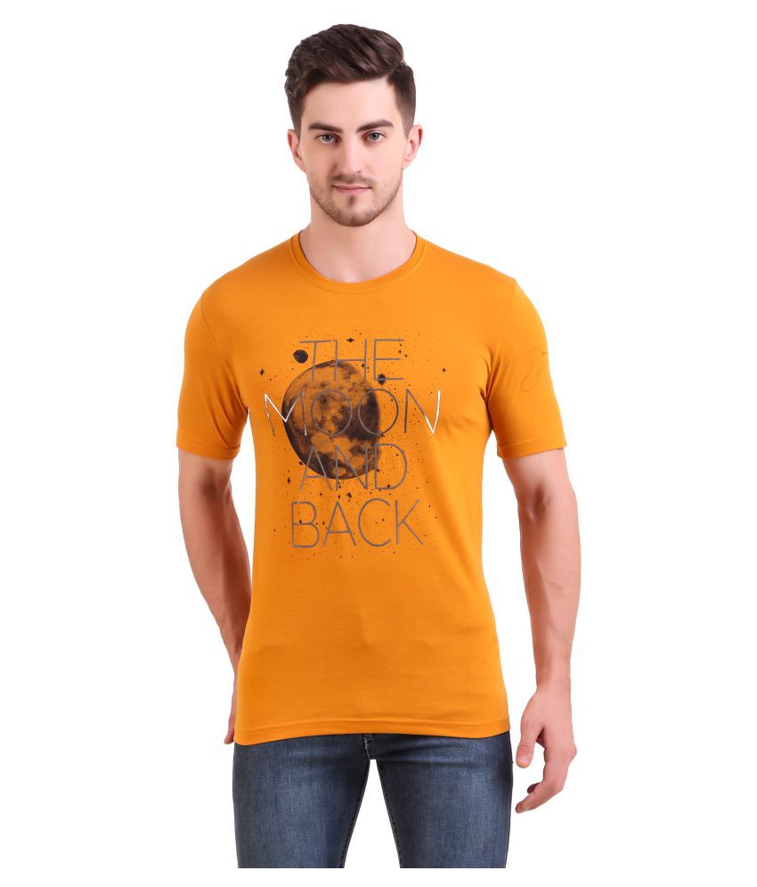     			Bravezi Cotton Blend Yellow Printed T-Shirt