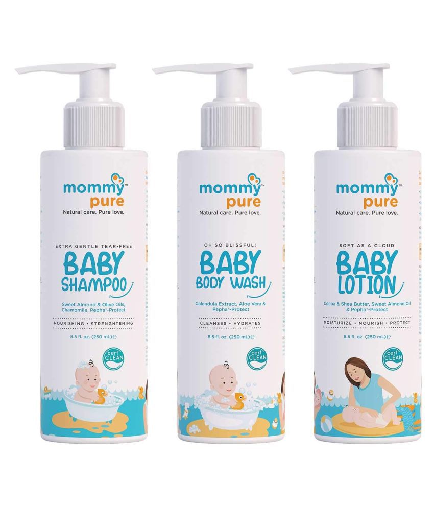 MommyPure Baby Skincare Essential Bundle with (Body Wash 250ml), Tear-Free Baby Shampoo (250ml) & Baby Body Lotion (250ml)