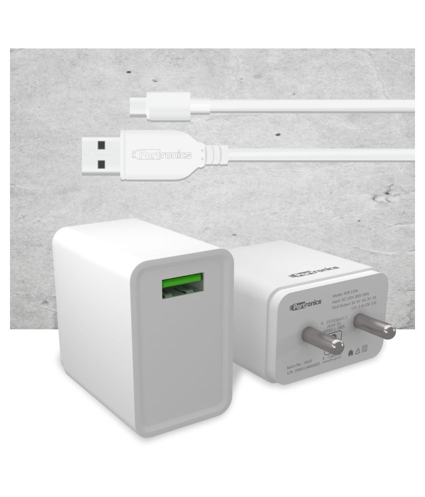     			Portronics Adapto One ( With Micro Cable):3.0A Single Port Adapter With Quick Charge ,White (POR 1104)